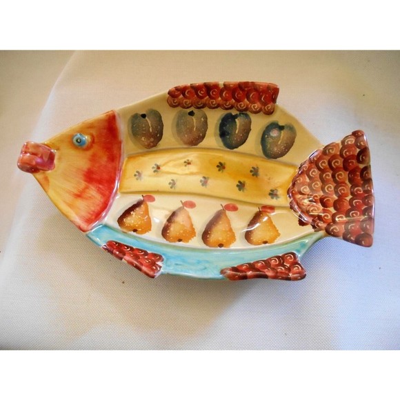 Italica ARS Hand Painted Pottery Fish Shape Serving Bowl Italy Wall Decor 10 1/2 - Picture 1 of 6